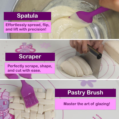 Silicone Baking Mat Set | Non-Stick Dough Rolling Pastry with Rolling Pin for Cookie Pie Crust Pizza Bread | Extra Large Dough Mat | Silicone Pastry Mat Kit Extra Thick with accessories