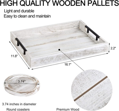 Wooden Serving Ottoman Tray With 4 Coasters, Breakfast Tray With Handles, Home Decor for Living Room, Coffee Table