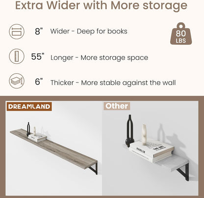 Dreamland 8 inch Deep Floating Shelves for Wall, 55W x 8D Wall Mounted Shelves Set of 2, Wide Display Ledge Shelf with Sturdy Metal Brackets for Living Room, Bathroom, Bedroom and Kitchen, Grey