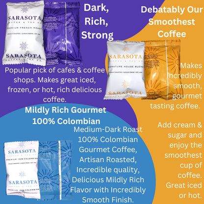 Sarasota Coffee Ground Packets | Gift Set Assorted Variety Sampler Packs | Medium, Colombian, & Dark Roast | Gourmet Low Acid Mold Free Individual Pouches for 12 Cup Coffee Maker | 2 Oz Bags, 36 Count