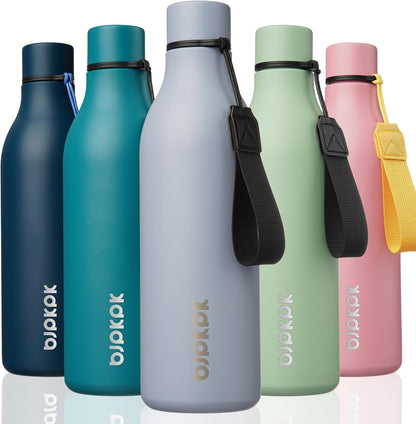 BJPKPK Insulated Water Bottles, 25 oz Stainless Steel Metal Water Bottle with Strap, BPA Free Leak Proof Thermos, Mugs, Flasks, Reusable Water Bottle for Sports & Travel, Mist Grey