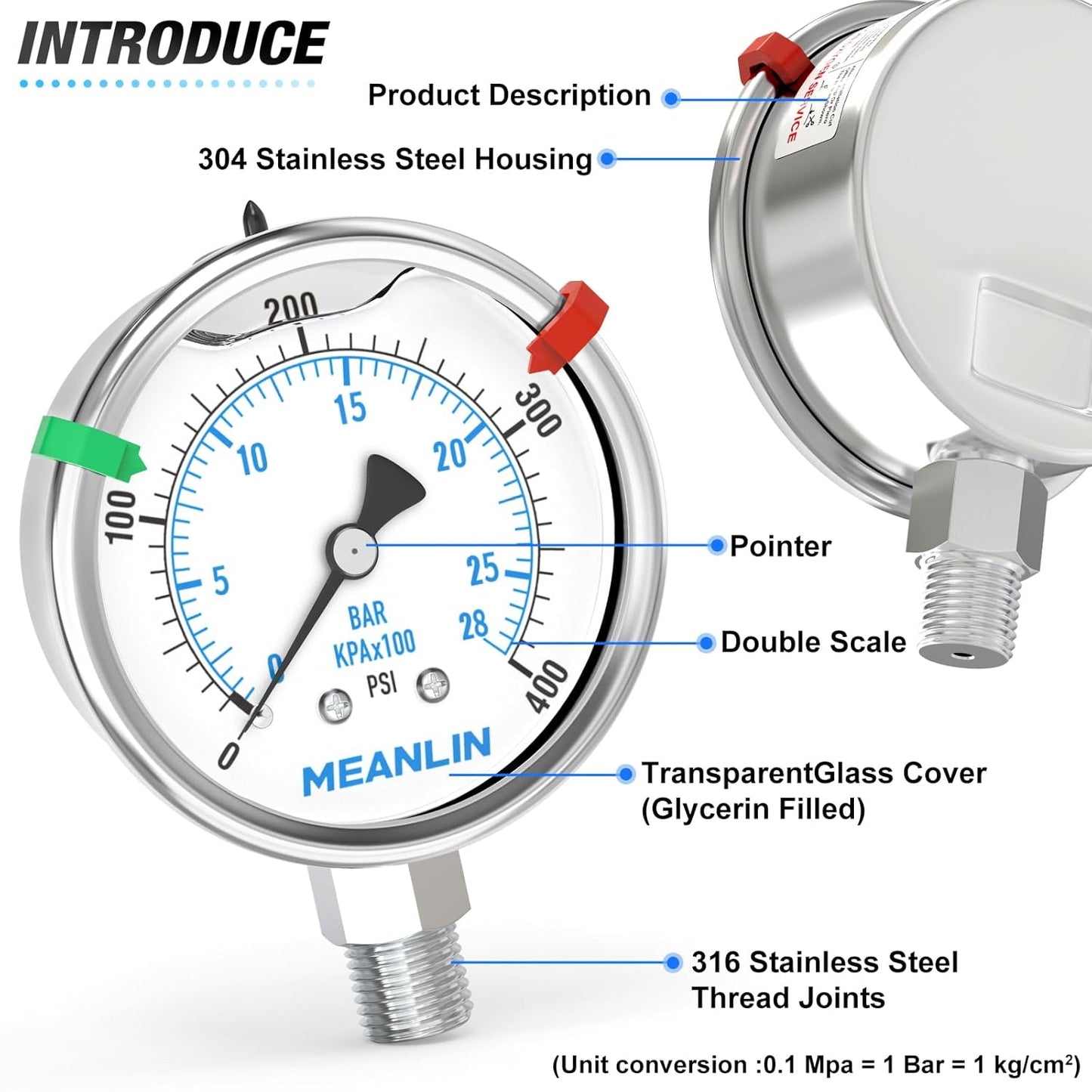 MEANLIN MEASURE 0~400Psi Stainless Steel Liquid Filled Pressure Gauge 2.5" FACE DIAL 1/4" NPT for Air Compressor Air Regulator Water Filter Lower Mount with Stainless Steel Hex Bushing and Snaps