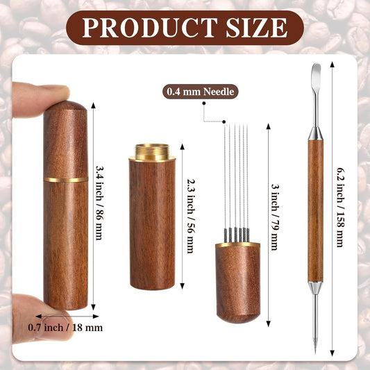 Espresso Coffee Stirrer 6 Needles, Espresso Distribution Tool with Natural Wood Handle and Base, Stainless Steel Latte Art Pen Barista Tools Espresso Accessories Kit for Home Cafe