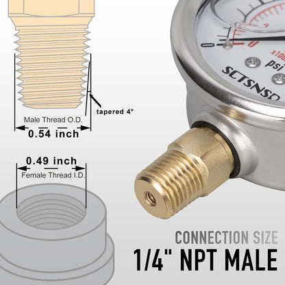 0 to 200 Psi Pressure Gauge, Glycerin Liquid Filled, 2.5 inch Dial, 1/4" NPT Lower Mount, Stainless Steel Case, for Air Compressor, Shock, Water System, Well Pump, Tank, Pipe, Pressure Test