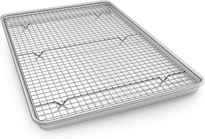 Half Sheet Pans with Rack Set, 18 Inch Commercial Quality Baking Sheet Pan Set, Natural Aluminum Cookie Sheet, Warp Resistant Nonstick Thick Cookie Tray Pans for Baking, Roasting
