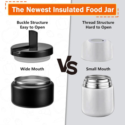 13.5oz Kids Jar for Hot Food, Insulated Vacuum Food Jar with Buckle Lid, Stainless Steel Wide Mouth Leak Proof Insulated Lunch Container for School Picnic Travel, Black