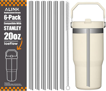 ALINK Stainless Steel Straws Compatible with Stanley Iceflow 20oz Flip Tumbler, 6 Pack Reusable Metal Straws for Stanley Ice Flow 20oz Cup Lid Only, Plus Straw Cleaner Brush