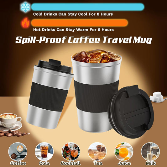 Vacuum-Insulated Stainless Steel Travel Coffee Mug, Leak-Proof Reusable Coffee Cup with Lid - Keep Hot & Cold Drinks for Hours, Durable Thermos Tumbler for Men & Women (3rd-Silver black, 17OZ)