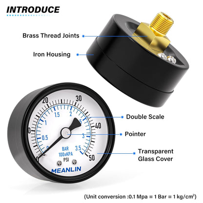 MEANLIN MEASURE 0-50Psi 2" DIAL FACE 1/8" NPT Well Pump Pressure Gauge, with 1/4" NPT and 3/8" NPT Hex Bushing, 3-2-3% Accuracy, Center Back Mount