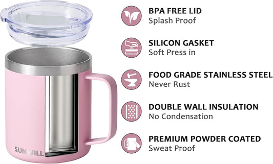 SUNWILL Insulated Coffee Mug with Lid, Travel Tumbler Reusable, 14 oz Stainless Steel Cup for Camping, Office, Home, Powder Coated Sakura
