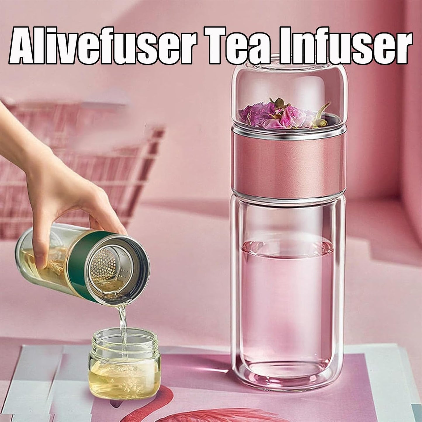 Tryteava Glass Infuser, Tryteava 3-in-1 Smart Tea Infuser, Portable Glass Double Wall Tea Infusers Bottle, with Stainless Steel Filter, Hot & Cold Brew, For Loose Leaf, Office Home (Pink, 280ml)