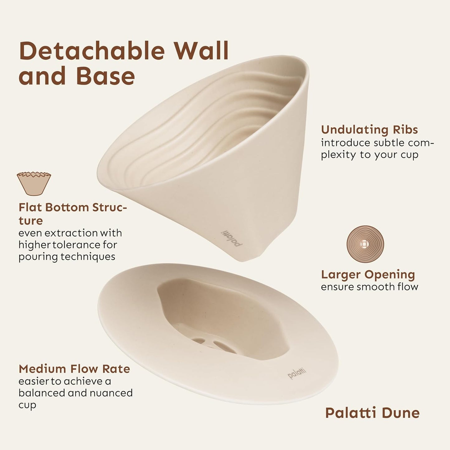 Palatti Dune Porcelain Pour Over Coffee Dripper, Ceramic Pour Over Coffee Maker, Adapt to 185 or 155 Flat Bottom Basket Filters, Medium Flow Rate, Interchangeable Wall and Base, 1-4 cups