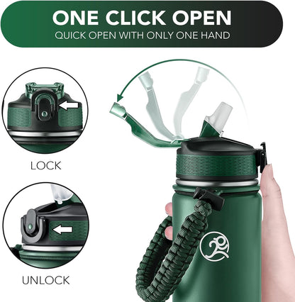 GOSWAG Insulated Sports Water Bottle, 24oz 2 Lids(with Straw/No Straw), Stainless Steel Water Bottles with Paracord Handle, Insulated Bottle with Double-Wall Vacuum Insulation