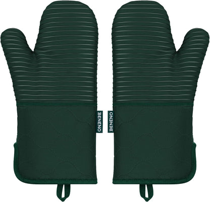 Beneno Kitchen Oven Mitts 2-Pack Heat Resistant to 500°F with Non-Slip Silicone Grip, Extra Long 14.3" Forearm Protection, Soft Quilted Cotton Terry Lining, Ideal for Cooking, Baking, Grilling, Green
