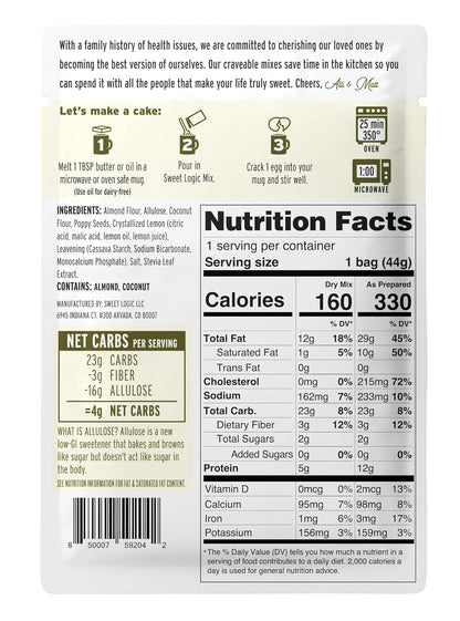 Sweet Logic Keto Dessert Mug Cake Mixes - Lemon Poppyseed - Low Sugar - Gluten-Free - Low Carb - Diabetic-Friendly Sweets - Natural Ingredients - High Protein - Delicious Keto Treats (4 Pack)