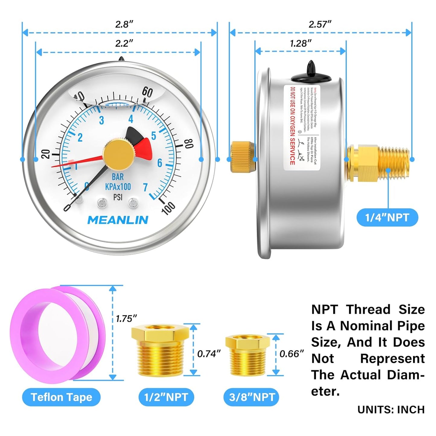MEANLIN MEASURE 0~100Psi Stainless Steel 1/4" NPT 2.5" FACE DIAL with Reset Pointer Liquid Filled Pressure Gauge WOG Water Oil Air, Back Mount, with Brass Hex Bushing