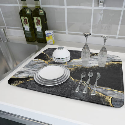 Giwawa Marble Dish Drying Mat for Kitchen Counter 18x24 inch Black Grey Gold Marbling Print Decorative Absorbent Dish Drying Pad Elegant Luxury Granite Stone Microfiber Large Drainer Rack