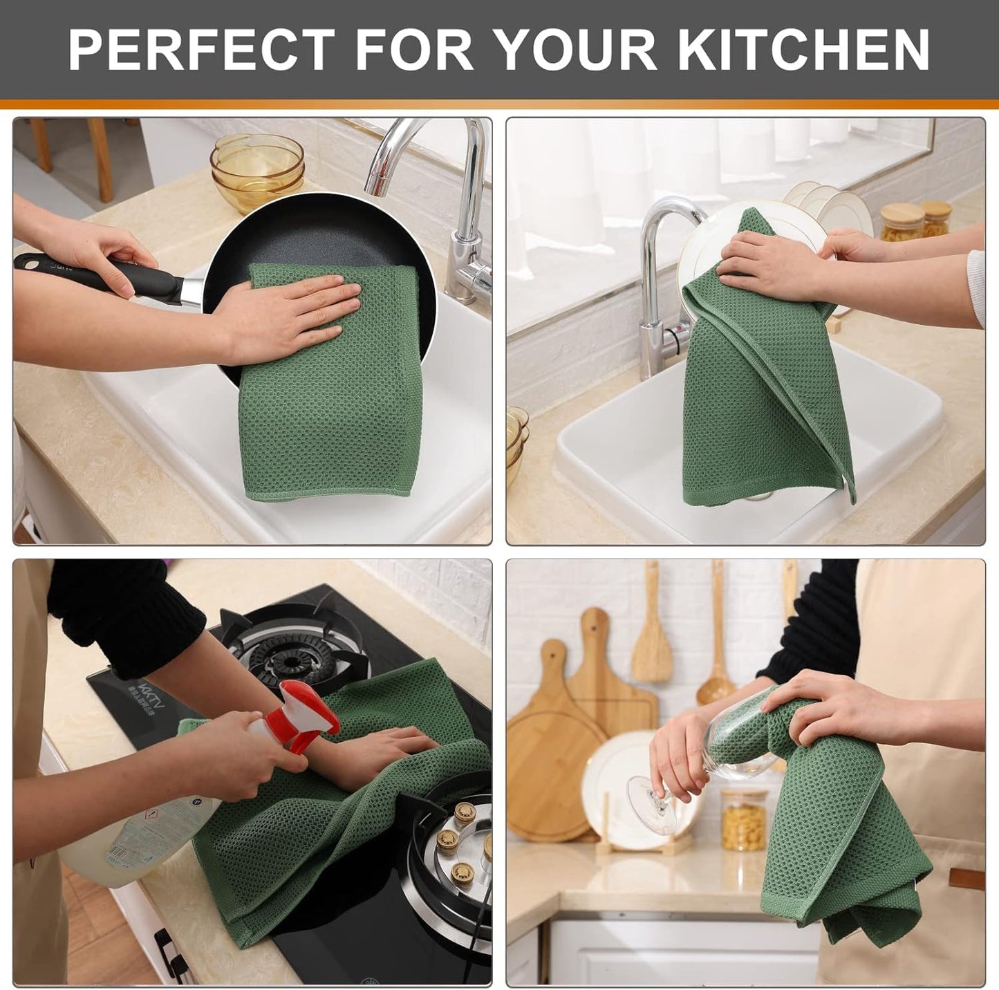 Kitinjoy 100% Cotton Waffle Weave Kitchen Towels, 6-Pack Super Soft and Absorbent Dish Towels for Drying Dishes, Kitchen Hand Towels, 13 in x 28 in, Grass Green