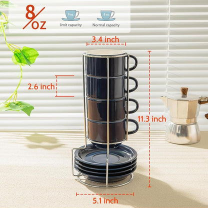 Sweese 8 Ounce Porcelain Stackable Cappuccino Cups with Saucers and Metal Stand - for Specialty Coffee Drinks, Cappuccino, Latte, Americano and Tea - Set of 4, Navy