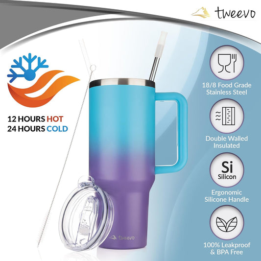 40 oz Tumbler With Handle and Straw Made of Stainless Steel - Double Wall Vacuum Insulated Tumbler With Lid - Sweat Proof Easy Grip, BPA-Free, Dishwasher Safe Tumbler (Gradient Purple)