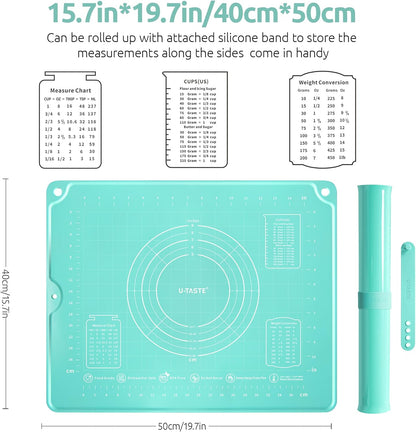 U-Taste Liquid Silicone Pastry Mat: 16"x20" Food-Grade Non-Stick Dough Rolling Baking Sheet, Non Slip for Kneading, Making Pizza, Fondant, Pie Crust with Clear Measurement and Raised Edges (Aqua Sky)