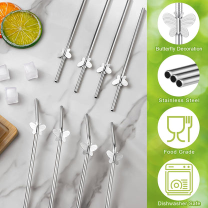 8 Pack 8" Reusable Stainless Steel Metal Straws, 4 Straight + 4 Bent Metal Drinking Straws for Tumblers Beverage Drink with Butterfly Charms and 1 Cleaning Brush
