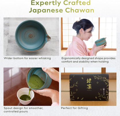 Japanese Matcha Set | Matcha Bowl with Spout | Whisk & Holder | Bamboo Scoop & Stainless Sifter | 5-Piece Traditional Matcha Kit | Designed in Japan |「Rustic Teal」