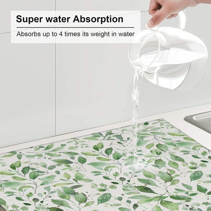 Green Leaves Dish Drying Mat, Highly Absorbent Microfiber Kitchen Counter Pad Reusable Washable, 16*18"