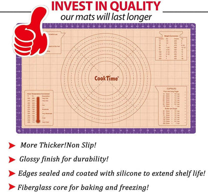 Silicone Pastry Baking Mat Non Stick-Large Rolling Dough with Measurements-Non Slip Pizza,Fondant,Pie,Cake Baking Mat - 26 x 16 Inch By Cook Time(Purple)