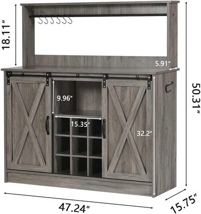 4ever2buy Farmhouse Coffee Bar Cabinet with Hutch, 47 Inch Wine Bar with Storage, Buffet Cabinet with Adjustable Shelves & 9 Wine Racks, Kitchen Buffet Cabinet for Dining Living Room, Grey