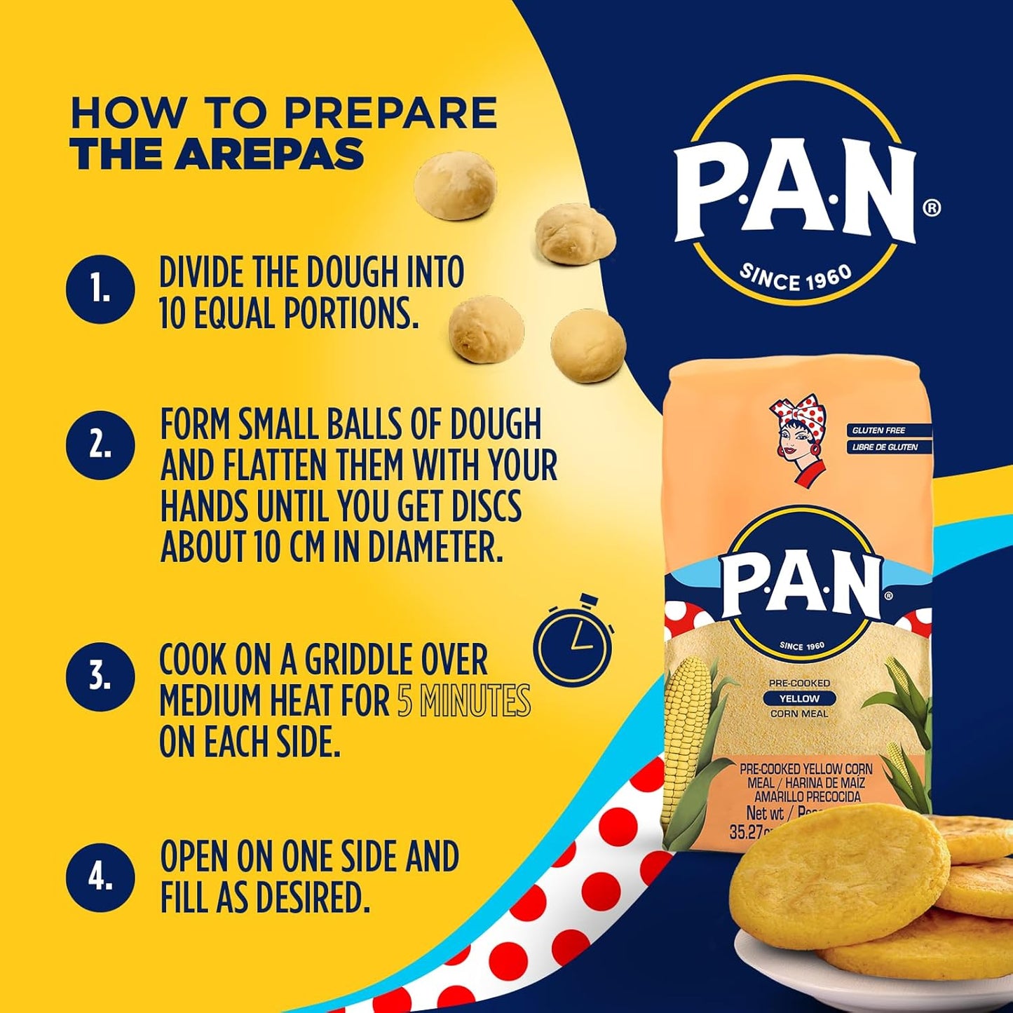 P.A.N. Yellow Corn Meal – Pre-cooked Gluten Free and Kosher Flour for Arepas (2.2 lb/Pack of 4)