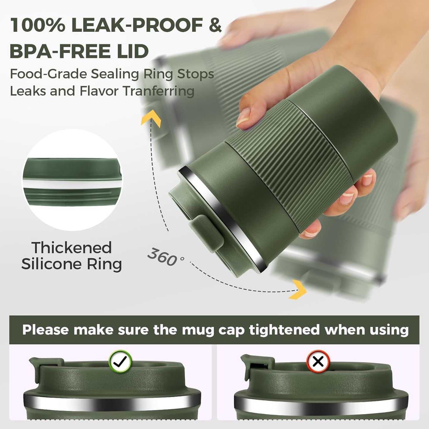 Volhoply 13 oz Stainless Steel Insulated Travel Coffee Mug with Fip Lid Bulk 4 Pack,Reusable Double Wall Vacuum Metal Coffee Cup,Portable Leak Proof Thermal Tumbler for Hot & Cold Drinks(Army Green,4)