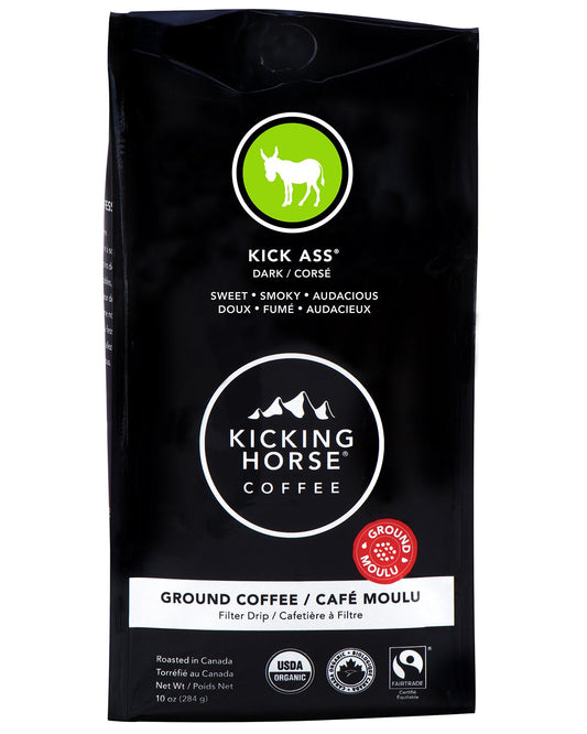Kicking Horse Coffee Kick Ass Dark Roast Ground (10 Oz) and Smart Ass Medium Roast Whole Bean (10 oz) Bundle
