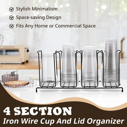 Maxdot 2 Pcs Coffee Cup Organizers 23 x 5 x 8.5 Inch Wire Rack Coffee Cup and Lid Holder Black Iron Lid Dispenser Countertops Organizer for Kitchen Storage Essentials (4 Section)