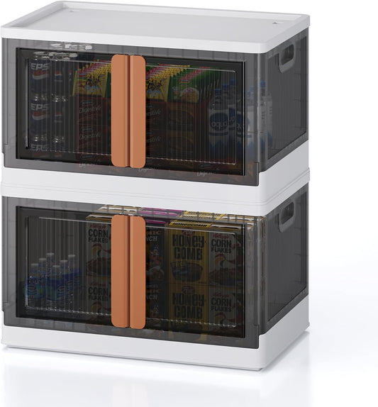 19Gal Collapsible Storage Bins with Lids & Wheels - 2 Pack Stackable with Doors, Heavy-Duty Plastic Containers for Home/Office, White