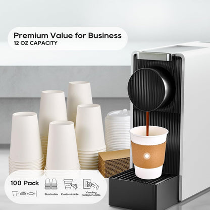 [100 Pack] 12 oz Paper Coffee Cups, Disposable Paper Coffee Cup with Lids, Sleeves, and Stirrers, Hot/Cold Beverage Drinking Cup for Water, Juice or Tea, Suitable for Home, Shops and Cafes
