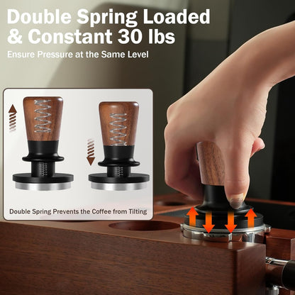 PUSEE 51mm Espresso Tamper, Calibrated Tamper with 30lbs Double Spring Loaded Tamper Walnut Wood Coffee Tamper for Barista Home,Stainless Steel Base Tamper Espresso Tool Fits 51mm Portafilters