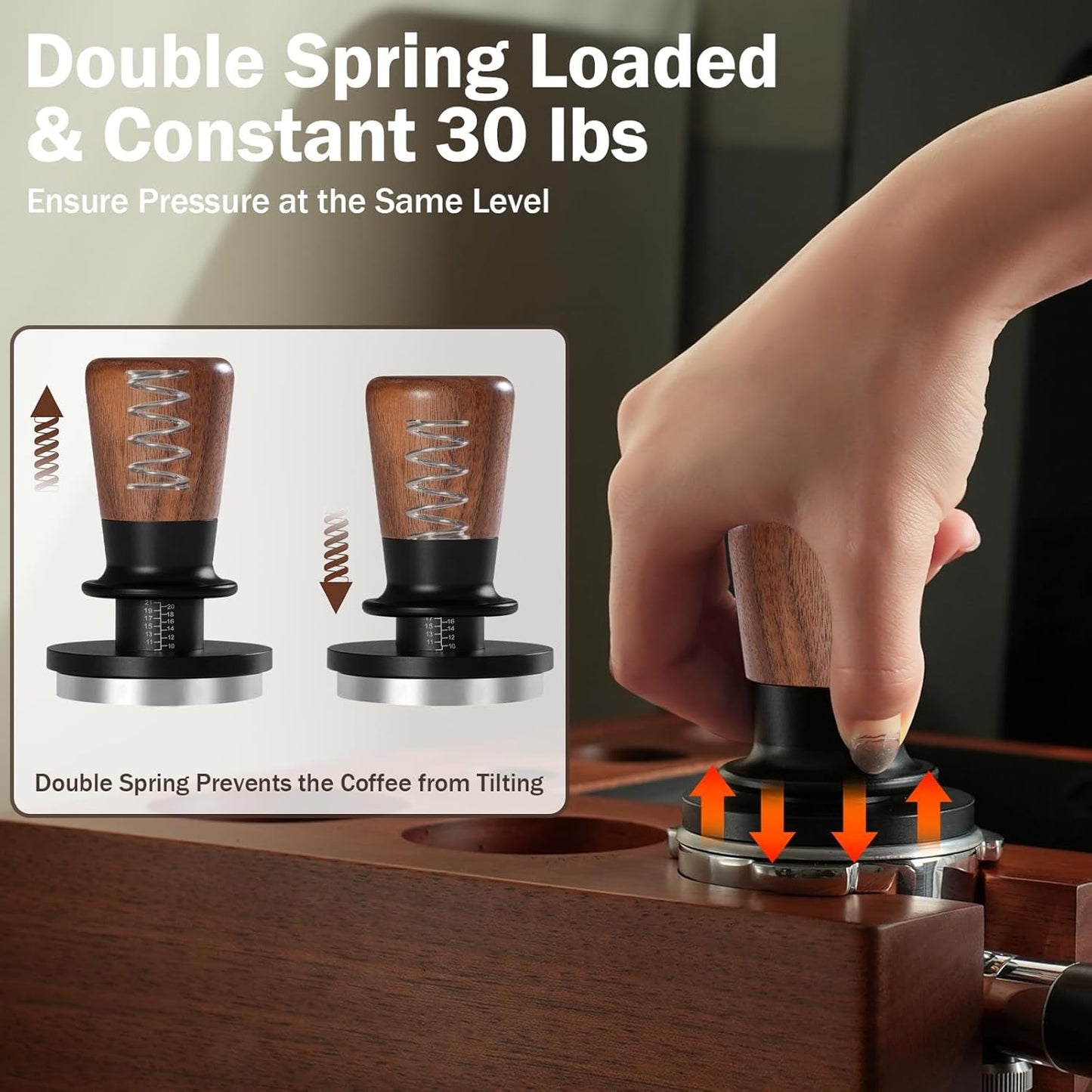 PUSEE 58mm Espresso Tamper, Calibrated Tamper with 30lbs Double Spring Loaded Tamper Walnut Wood Coffee Tamper for Barista Home,Stainless Steel Base Tamper Espresso Tool Fits 58 Portafilters