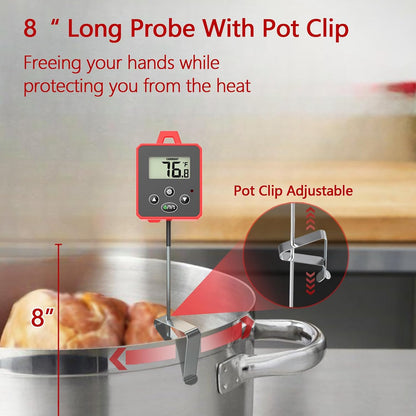 Waterproof Digital Candy Thermometer for Candy Making, Instant Read Cooking Thermometer with Pot Clip, Backlight LCD, 8" Long Probe, Temperature Alarm, ℃/℉ Switch for Kitchen, Outdoor BBQ