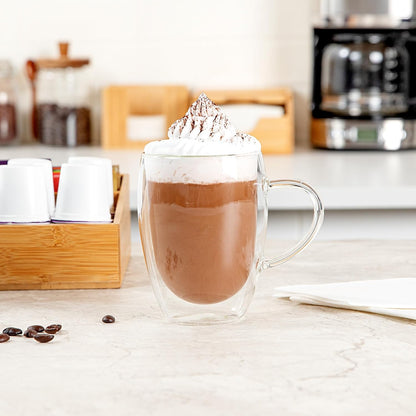 Restaurantware-Forma Professional 11.8 Ounce Glass Coffee Cups, 2 Insulated Coffee Cups With Handle - Dishwashable, Reusable, Clear Double Wall Beverage Tumblers, Freezable, For Hot Or Cold Beverages