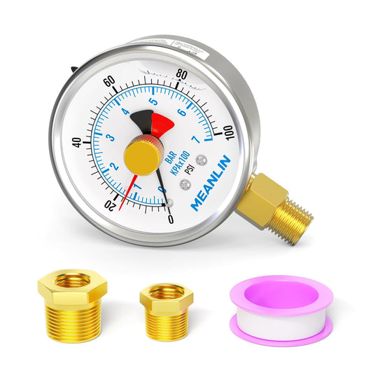 MEANLIN MEASURE 0~100Psi Stainless Steel 1/4" NPT 2.5" FACE DIAL with Reset Pointer Liquid Filled Pressure Gauge WOG Water Oil Air, Lower Mount, with 1/8" x 1/4" NPT and 1/8" x 3/8" NPT Hex Bushing