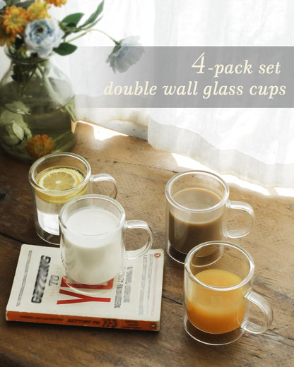 LIBWYS 12oz Double Wall Coffee Mugs (4-Pack) - Insulated Borosilicate Glass Cups with Handle for Espresso, Cappuccino, Latte - Heat Resistant, Dishwasher Safe Hot/Cold Beverage Glasses 350ml