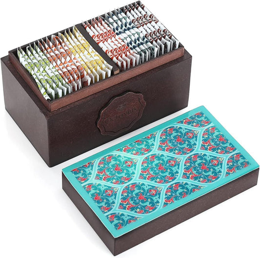 Octavius Assorted Tea Gift Set | 6 Assorted Black & Green Teas | 30 Teabags | Wooden Tea Sampler Pack w/Ornate Floral Design | Pack of 2 | Mothers Day Tea Gift Box