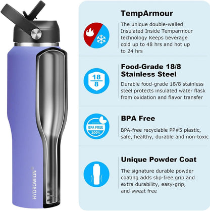 HYDROWION 40 oz Insulated Water Bottle with Straw fit in Car Cup Holder(Cold 48 hrs, Hot 24 hrs) Drinking Bottle with Straw Lid, Spout Lid and Flex Cap Leakproof Travel Thermo Mug，Purple