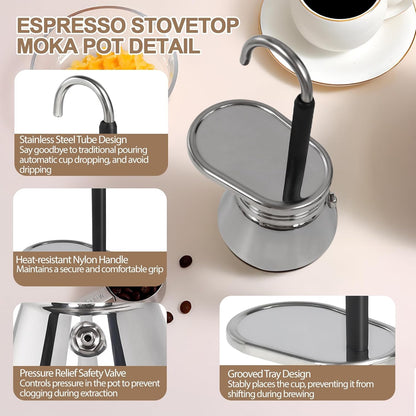 Uncoated 4 Cup Single Tube Moka Pot 304 Thickened Stainless Steel Mini Coffee Maker Stovetop Espresso Coffeemaker Italian Classic Style Brewing Greca Cafe Mocha Machine for Camping Travel Home 310ml