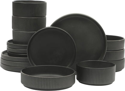 Gibson Elite Deerfield 16-Piece Stoneware Dinnerware Set – Matte Black Reactive Glaze Plates and Bowls, Stackable, Modern Design, Service for 4 – Microwave & Dishwasher Safe