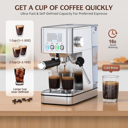 Espresso Machine 20 Bar, Stainless Compact Espresso Maker with Steam Milk Frother, 57.5OZ Water Tank, Touch Screen Indicator of Making Time, for Latte, Cappuccino, Silver (2025 updated model)