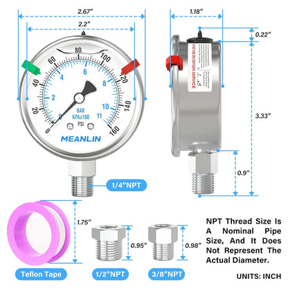 MEANLIN MEASURE 0~160Psi Stainless Steel Liquid Filled Pressure Gauge 2.5"FACE DIAL 1/4"NPT for Air Compressor RV Regulator Water Pressure Tester Lower Mount with Stainless Steel Hex Bushing and Snaps