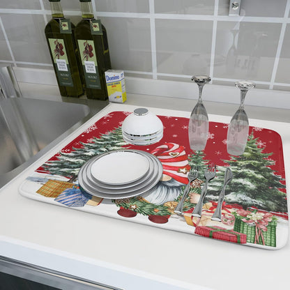 Christmas Dish Drying Mat for Kitchen Counter, Merry Christmas Dish Drying Mat 18 x 24 Inch Xmas Gnomes Absorbent Reversible Microfiber Dish Drying Pad Kitchen Drying Mat for Coffee Bar
