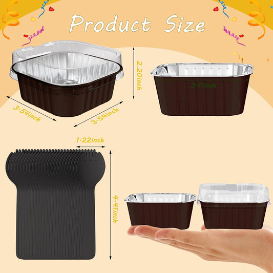 25 Pack Square Mini Cake Pans with Lids,Mini Loaf Pans with Lids,Aluminum Foil Baking Cups,Disposable Ramekins Cupcake Cups,Muffin Tins,Dessert Cups for Wedding Birthday Party Picnics,5oz (Coffee)